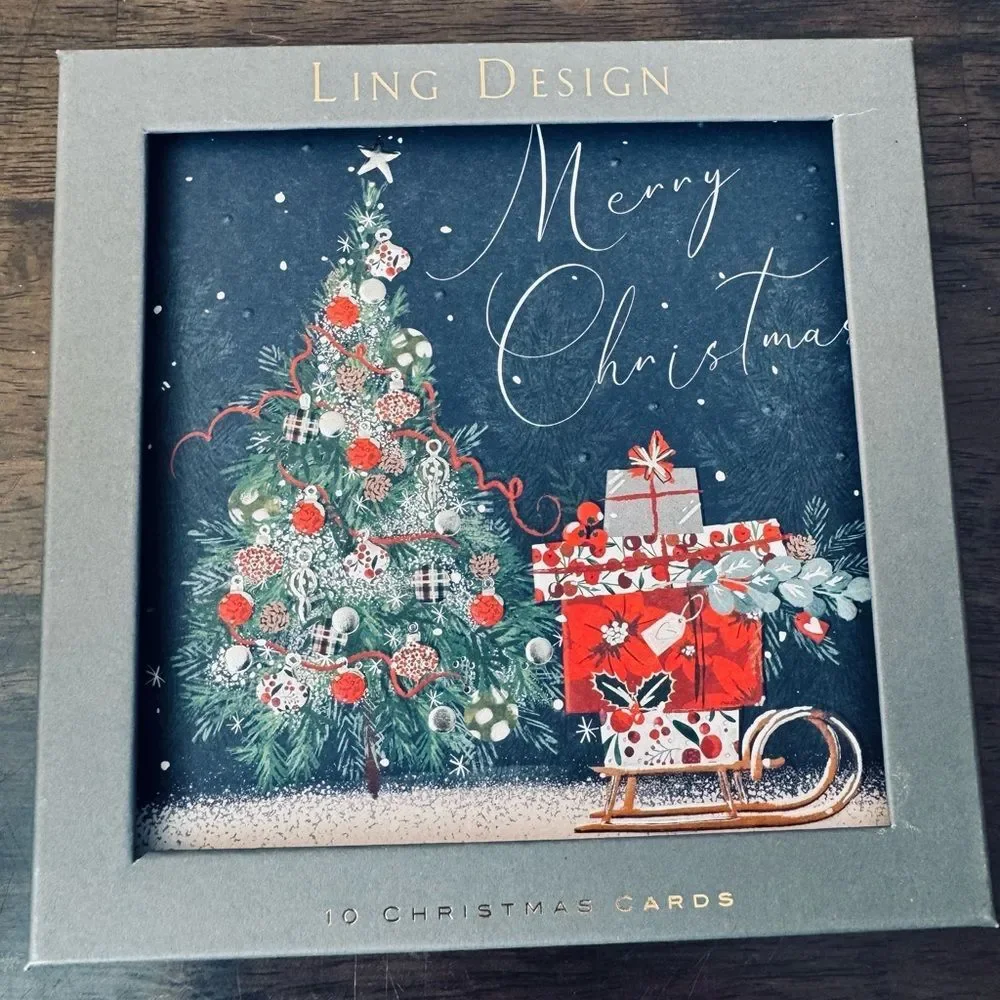 Merry Christmas Winter Tree Sleigh Ling Design Holiday Greeting Cards Set